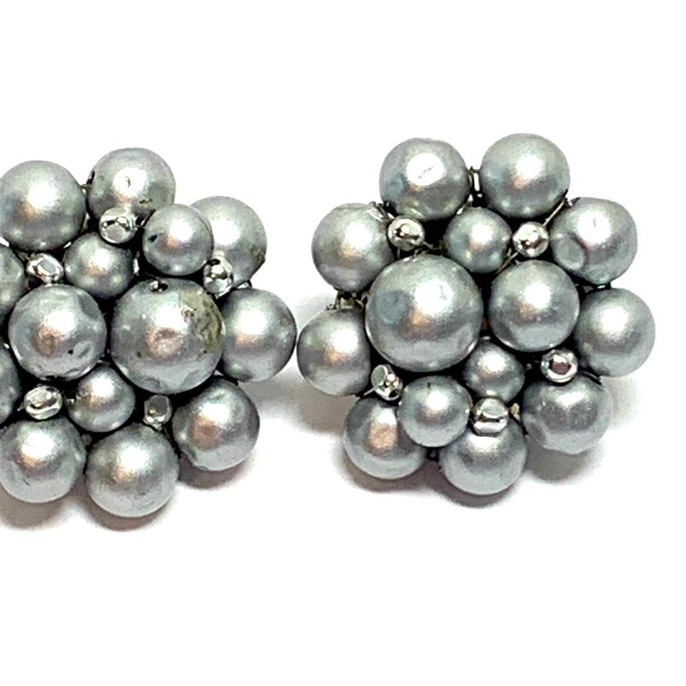 Mid-Century Modern Vintage Gray Silver Faux Pearl Cluster Earrings